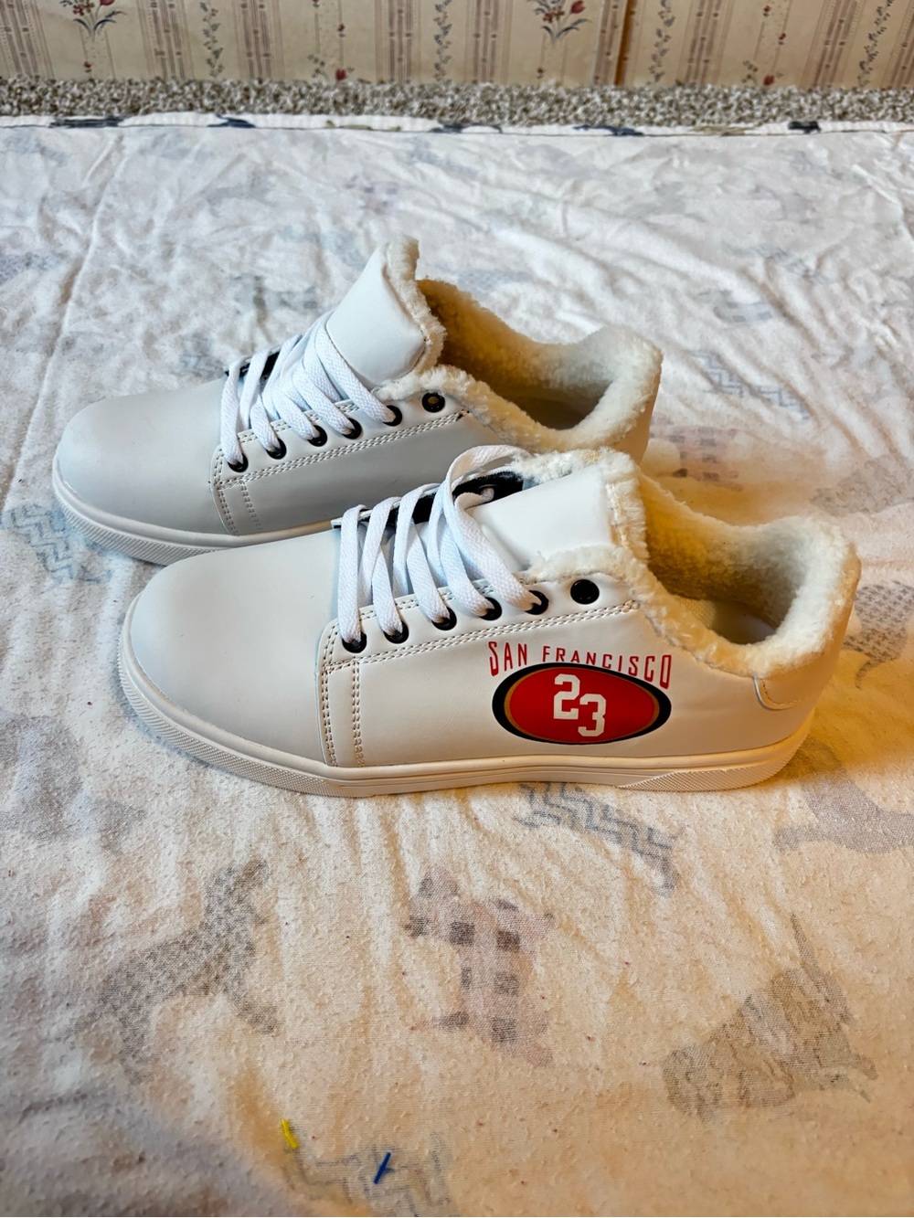 Amazon White Faux-Fur Lined Athletic Sneakers with Red Accent